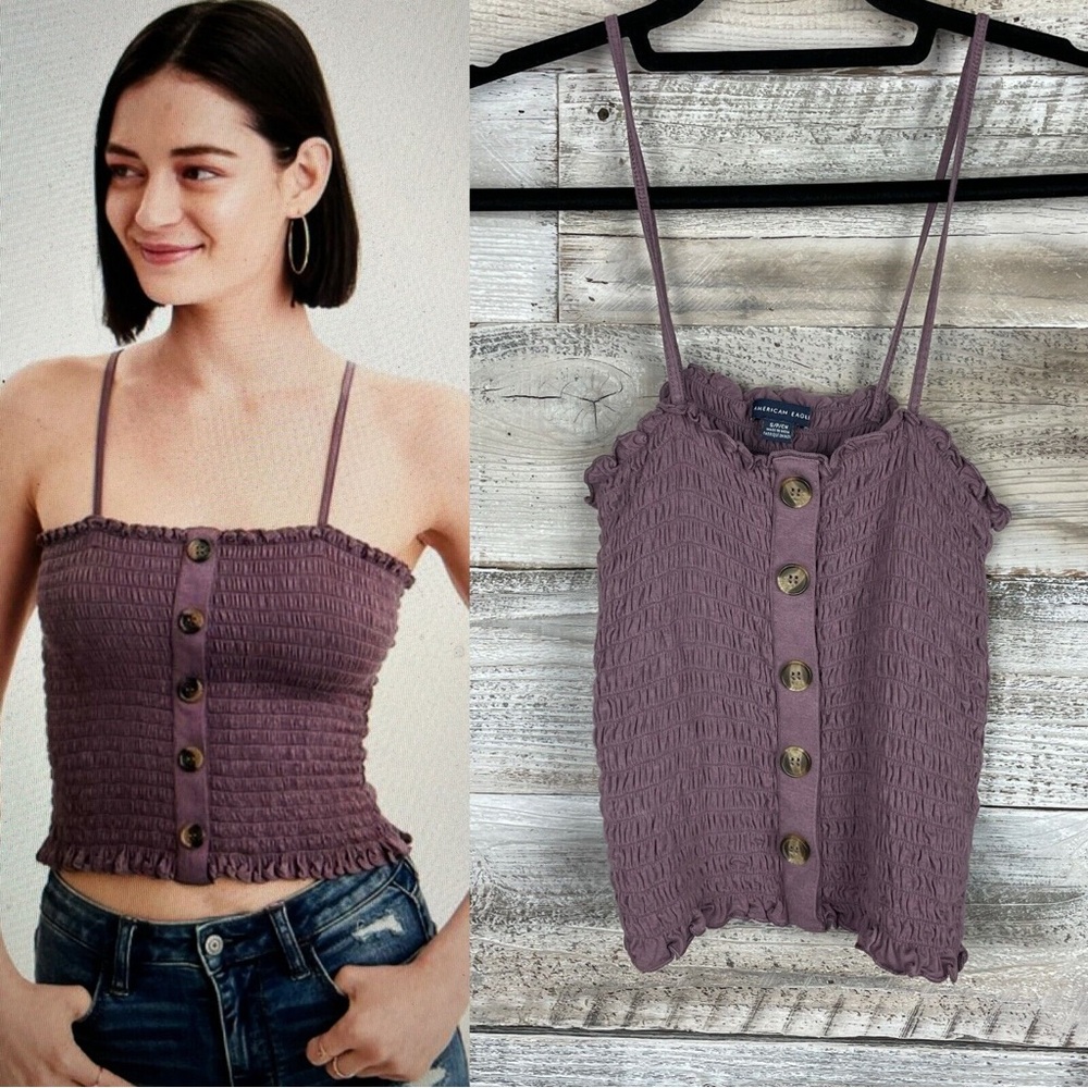 American Eagle Women's Purple Smocked Button-Up Crop Top